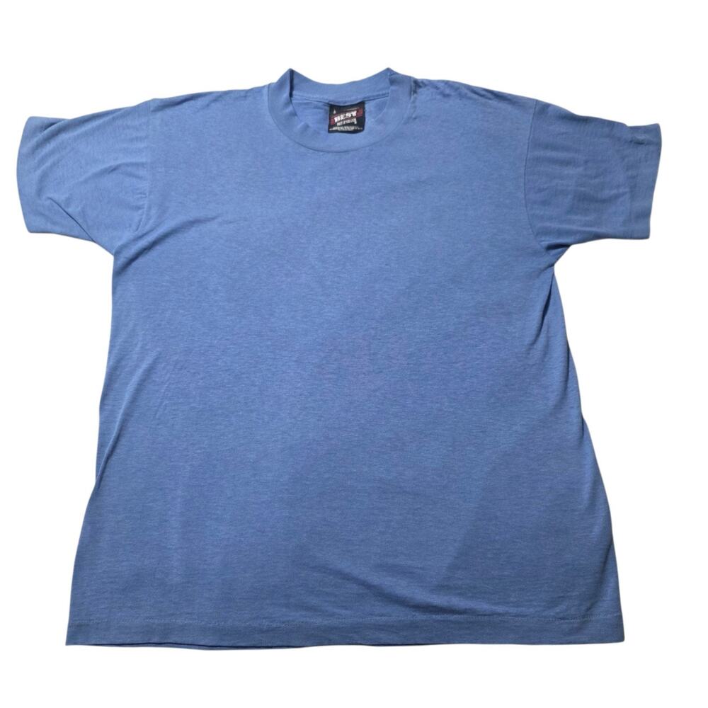 Vintage Fruit of the Loom T Shirt Large Blue Single Stitch Paper Thin USA 80s
